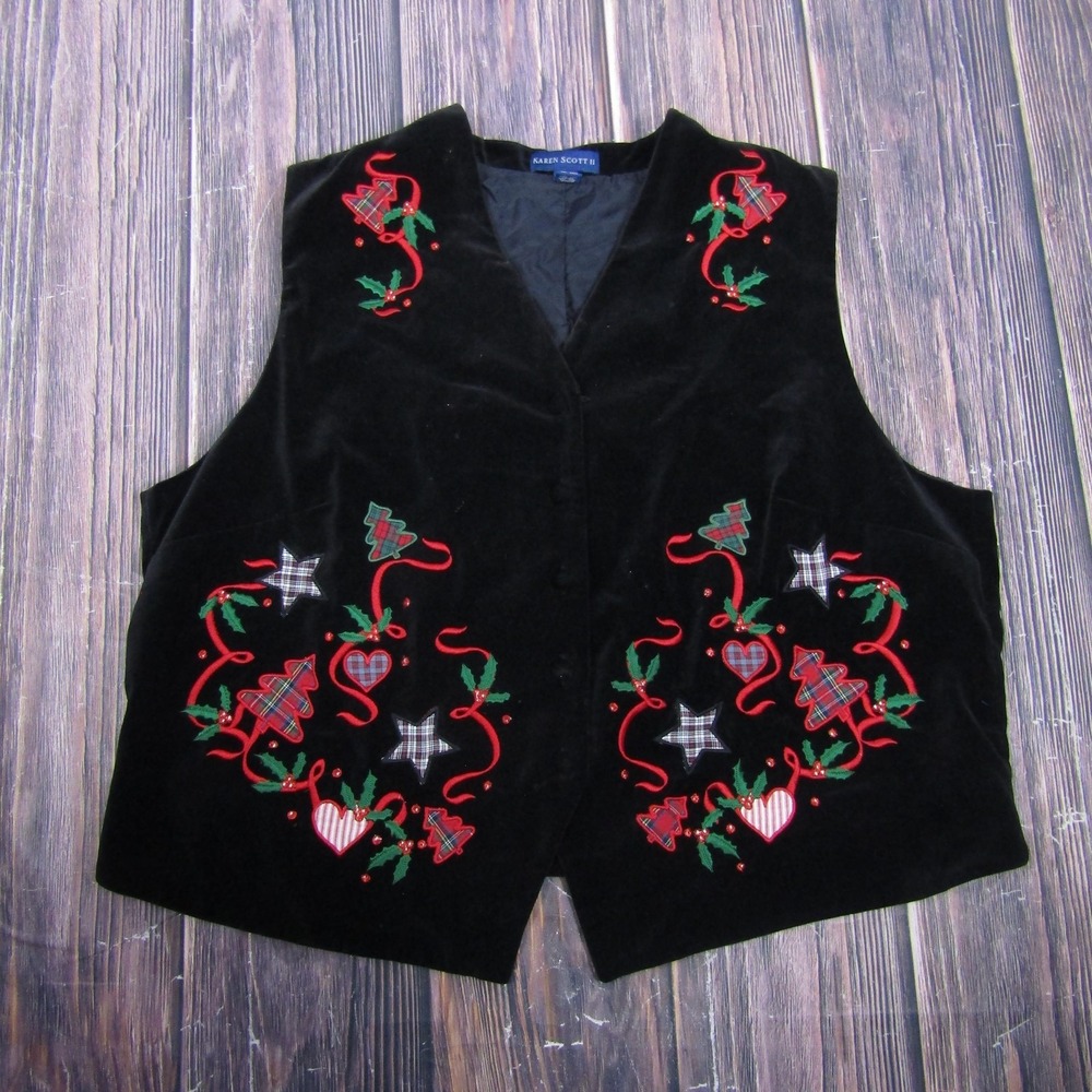 Karen Scott II Vest Womens 2X Black Velvet Christmas Embroidered Holiday Lined